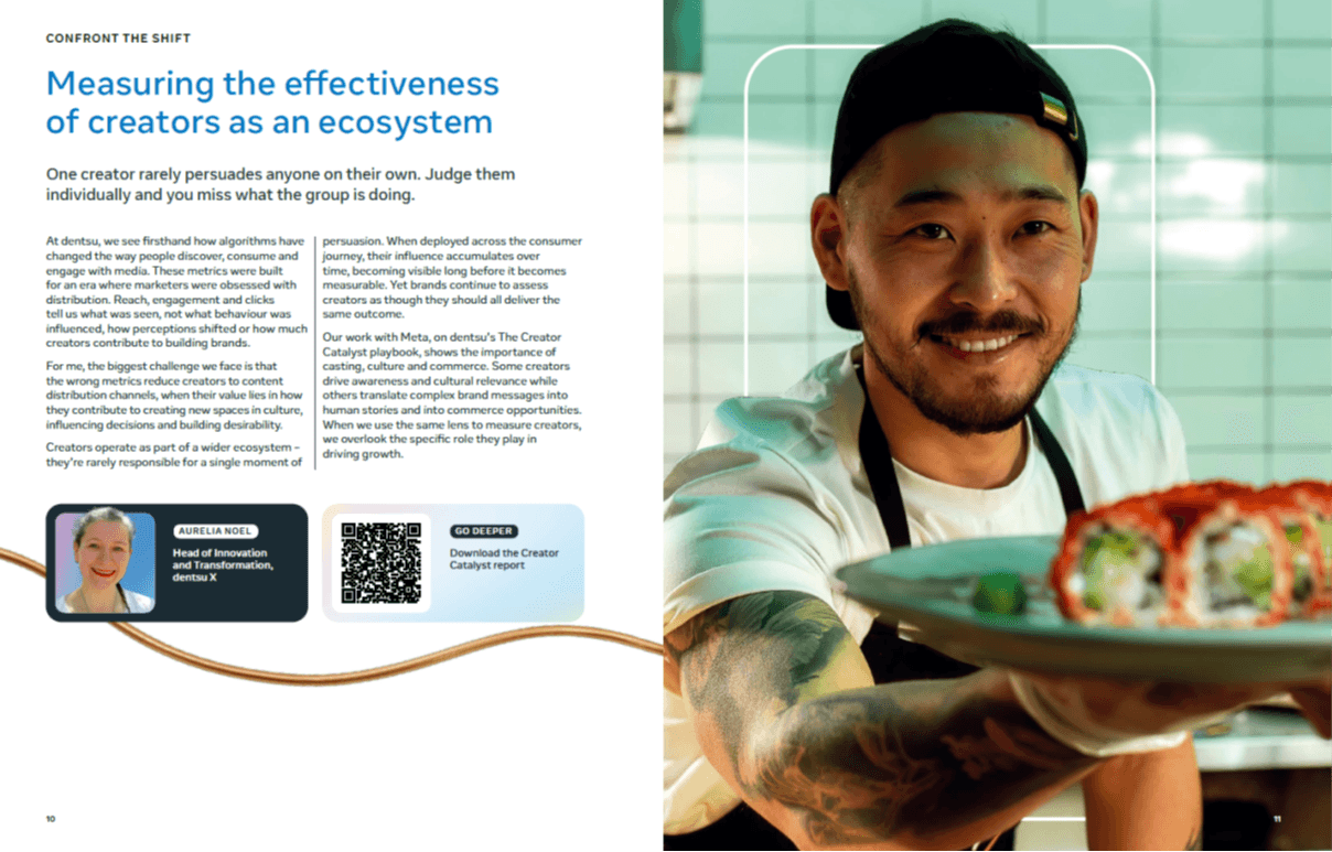 image of a printed article and a man offering food