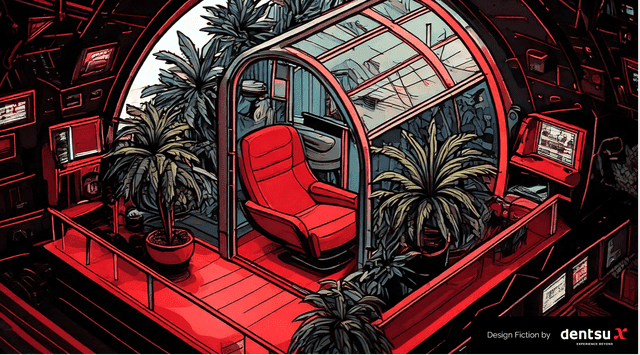 cartoon red chair in a greenhouse