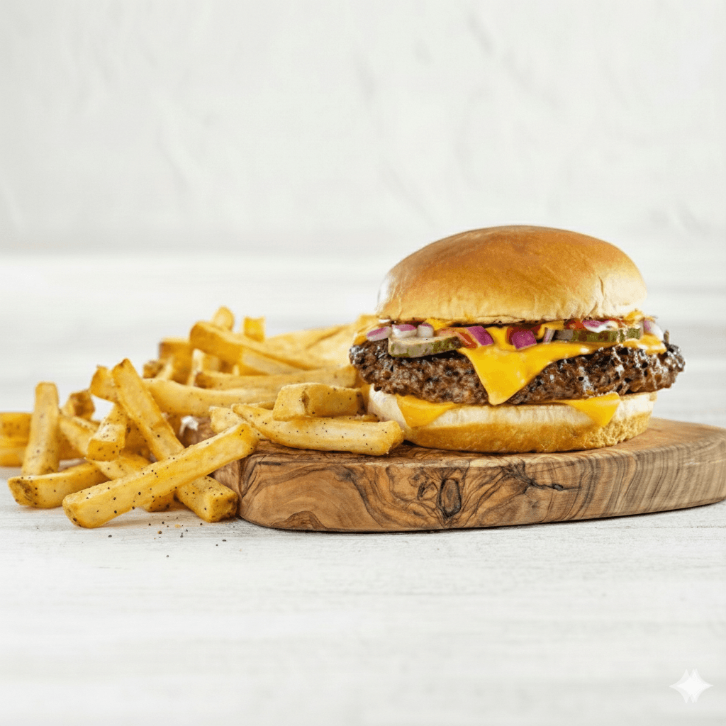 Chili’s Big Smasher burger with fries on a wooden board