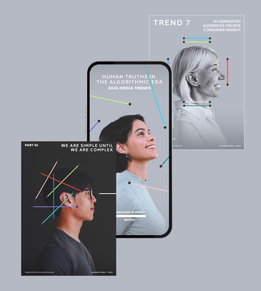 A woman smiling and looking upward, surrounded by colourful lines on a dark background, with the text “Human Truths in the Algorithmic Era – 2026 Media Trends, dentsu”.