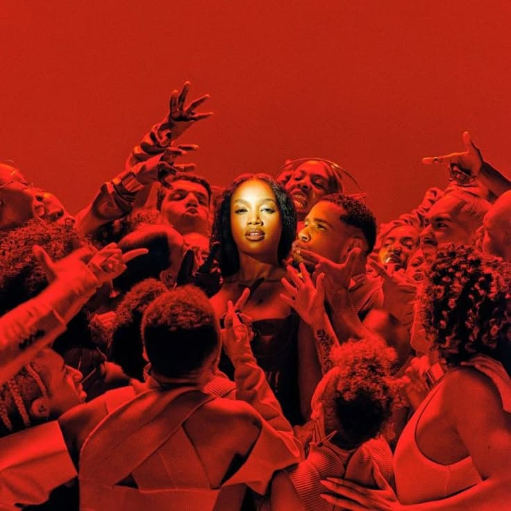 red image of woman in middle of crowd