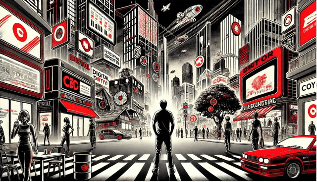 cartoon image of man looking into futuristic city - dentsu x