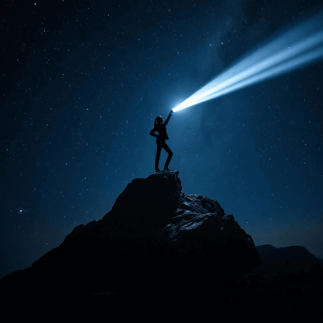 man standing on a mountain shining a laser light beam