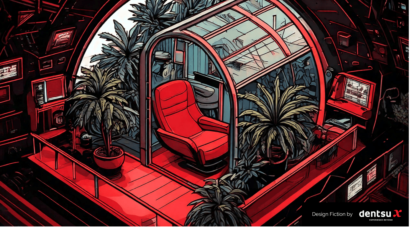 cartoon red chair in a greenhouse