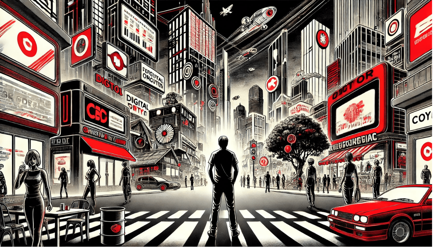 cartoon image of man looking into futuristic city - dentsu x