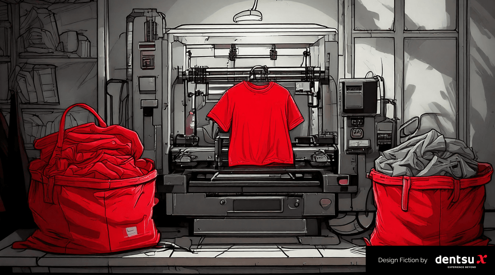 red cartoon clothing on black and white background